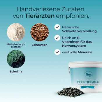 PFERDEGOLD MSM-Dose und Pellets; Überschrift ‚Handverlesene Zutaten, von Tierärzten empfohlen‘; Inhaltsstoffe: Leinsamen, Spirulina.