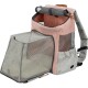 A stylish pet carrier backpack with a soft pink fleece top, mesh sides for ventilation, and a gray bottom, designed for comfort and mobility.