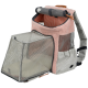 Stylischer Haustiertrage-Rucksack mit einem weichen, rosa Fleece-Oberteil, Netzseiten zur Belüftung und einem grauen Boden, entworfen für Komfort und Mobilität.