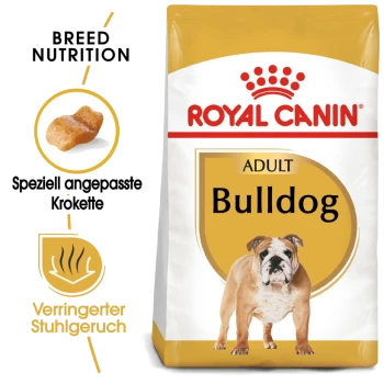Royal Canin Bulldog Erwachsenen-Hundefutterbeutel mit einem Bild eines Bulldogs, mit Text, der die Ernährungsbedürfnisse der Rasse und reduzierten Stuhlgeruch hervorhebt.