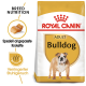 Royal Canin Bulldog Erwachsenen-Hundefutterbeutel mit einem Bild eines Bulldogs, mit Text, der die Ernährungsbedürfnisse der Rasse und reduzierten Stuhlgeruch hervorhebt.