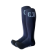 Schwarze knielange Socken mit einem hellblauen Logo, das einem Hufeisen ähnelt, auf der Vorderseite und dem Wort "LIBERE" auf der Sohle.