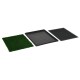 Drei Haustiertrainingpads angezeigt: eine grüne künstliche Grasmatte, ein schwarzes Plastiktablett und ein strukturiertes schwarzes Pad.