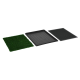 Drei Haustiertrainingpads angezeigt: eine grüne künstliche Grasmatte, ein schwarzes Plastiktablett und ein strukturiertes schwarzes Pad.