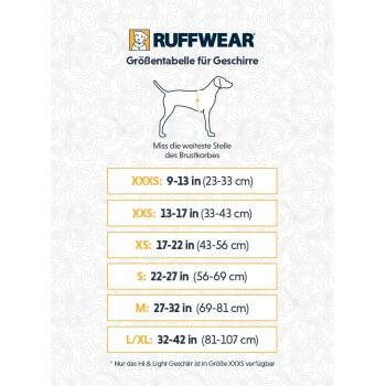 Größentabelle für Ruffwear Hundegeschirre, die Maße in Zoll und Zentimetern für verschiedene Größen von XXXS bis L/XL zeigt.