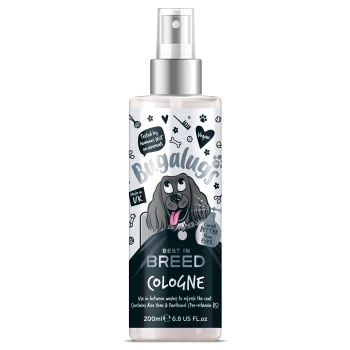 Flasche Bugalugs Best in Breed Kölnisch Wasser für Hunde, 200 ml, vegan, hergestellt in Großbritannien, mit Cartoon-Hund und verspieltem Text.
