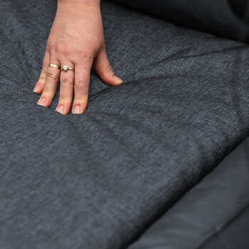 tierlando® Premium Visko-Memory-Schaum-Schichten, die M-L (6 cm) und XL-XXXL (9 cm) Dicken mit Materialdetails und Maßen zeigen.