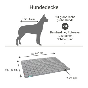 Graue Hundedecke für große Rassen, Maße ca. 140 cm x 110 cm, 2 cm dick, geeignet für Rassen wie Bernhardiner und Rottweiler.