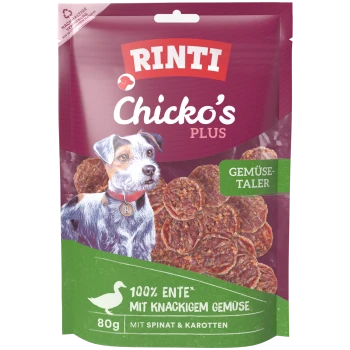 RINTI Chicko's Plus Hundeleckerli-Beutel mit Hundeillustration und runden Leckerlis; Aufschriften 'GEMÜSE-TALER', '100% ENTE mit knackigem Gemüse', 80 g.