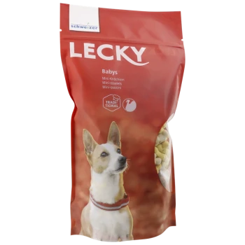 Rote Tüte mit LECKY-Hundeleckerlis, beschriftet mit "Babys" und Bildern von Mini-Knochen, mit einem Corgi, der nach oben schaut, und Text auf Deutsch.