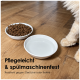 Eine Siamkatze trinkt aus einer weißen Melamin-Schüssel neben Trockenfutter auf einem Platzdeckchen. Text: "Hochwertig, lebensmittelecht, hergestellt in Deutschland."