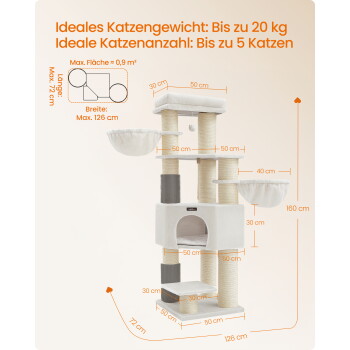Kratzbaum mit Höhle, Hängematten und Sisal-Kratzsäulen, Abmessungen und Text „Ideales Katzengewicht: Bis zu 20 kg“.