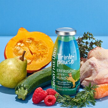 Eine SmoothieDog "Trinkpause" Flasche umgeben von frischen Zutaten: Kürbis, Birne, Zucchini, Himbeeren, Huhn und Karotte.