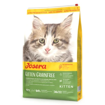 Ein Sack Josera Kitten Grainfree Katzenfutter mit einem Kätzchenbild, das "GETREIDEFREI" und Vorteile für Wachstum und gegen Haarballen hervorhebt.