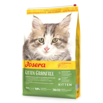 Ein Sack Josera Kitten Grainfree Katzenfutter mit einem Kätzchenbild, das "GETREIDEFREI" und Vorteile für Wachstum und gegen Haarballen hervorhebt.