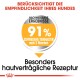 Bild zur Bewerbung eines Haustierprodukts, mit einem Abzeichen, das "91% zufriedene Tierhalter nach 2 Monaten" und "Besonders hautverträgliche Rezeptur" angibt.
