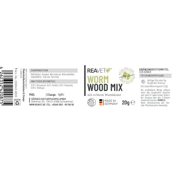 Reavet Worm Wood Mix für Hühner, 20g Paket, mit Zutaten wie Oregano, Wermut und Thymian. Fütterungsanweisungen enthalten.
