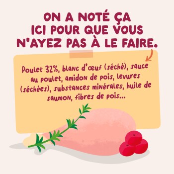 Pilon de poulet avec herbe et baies à côté d'une note jaune en français indiquant « On a noté ça ici » et une liste d'ingrédients.