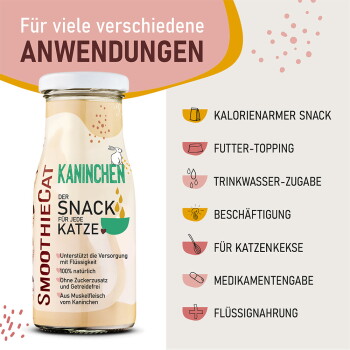 Flasche Smoothiecat Kaninchengeschmack Katzen-Snack mit Anwendungsangaben: kalorienarmer Snack, Futtertopping, Wasserzusatz, Medikament und mehr.