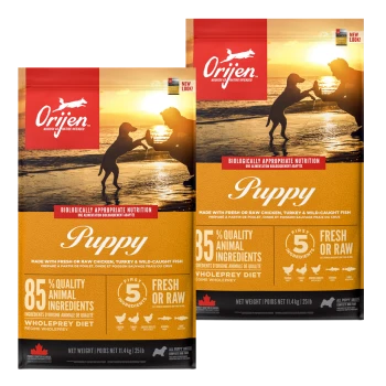 Deux sacs de nourriture pour chiots Orijen avec un coucher de soleil en arrière-plan, mettant en avant "85 % d'ingrédients animaux de qualité" et "Nutrition biologiquement appropriée."