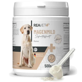 Behälter mit REAVET Magenmild-Pulver für Hunde, 500g, mit einem beigen und weißen Design mit einer Hundesilhouette und dem Etikett "Made in Germany."