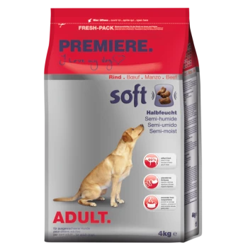 Hundefutterbeutel mit einem Golden Retriever, beschriftet mit "PREMIERE. I love my dog," mit "weich" und "Halbfeucht," 4kg Größe.
