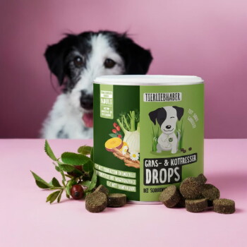 Ein Behälter mit "Gras & Kotfresser Drops" (350g) mit dunkelbraunen Tropfen, die herumgestreut sind, und einem Hund, der im Hintergrund neugierig schaut.