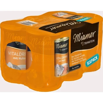 Trinkfein Vitaldrink Sixpack 6x135ml Volaille Pack de six Miamor Trinkfein Vitaldrink pour chats, avec une saveur de poulet, avec une image de chat sur l'étiquette.