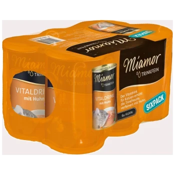 Pack de six Miamor Trinkfein Vitaldrink pour chats, avec une saveur de poulet, avec une image de chat sur l'étiquette.