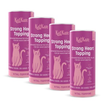 Vier lilafarbene KatKare 'Strong Heart Topping'-Dosen für Katzen mit Katzenillustration und 'Vital-Topping'-Aufschrift.