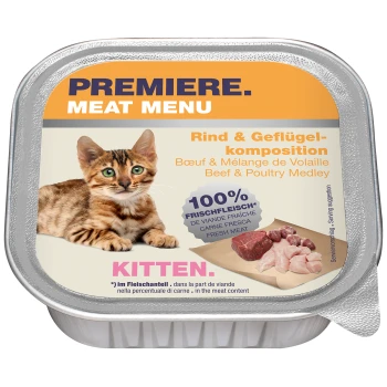 PREMIERg Meat Menu Kitten Wołowina i kompozycja drobiowa 16x100 g Opakowanie karmy dla kotów z wesołym kociakiem, oznaczone 'Premiere Meat Menu' z 'Wołowina i Drób' oraz '100% Świeże Mięso.'