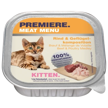 Verpackung für Katzenfutter mit einem verspielten Kätzchen, beschriftet "Premiere Meat Menu" mit "Rind- und Geflügel-Mischung" und "100% frisches Fleisch."