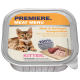 Verpackung für Katzenfutter mit einem verspielten Kätzchen, beschriftet "Premiere Meat Menu" mit "Rind- und Geflügel-Mischung" und "100% frisches Fleisch."