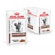 Royal Canin Veterinary Gastrointestinal Katzenfutterbeutel mit dünnen Scheiben in Soße, mit einer Schachtel im Hintergrund.