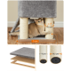 Eine verspielte Katze mit grünen Augen klettert auf einen grauen Kratzbaum mit zwei mit Sisal umwickelten Kratzsäulen, mit Abmessungen von 11,1 cm und 3 cm.