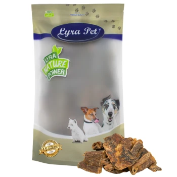 Lyra Pet Hundeleckerlipackung mit drei Hunden auf der Vorderseite, beschriftet mit "100% natürlich" und "Lyra Nature Power," mit Leckerlis, die vorne angezeigt werden.