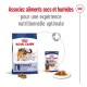 Emballage de nourriture pour chiens Royal Canin présentant un grand sac de nourriture sèche et une boîte de nourriture humide, avec un texte promouvant une nutrition optimale en combinant les deux.