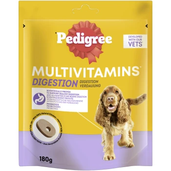 Multivitamins Verdauung 180g Gelbes Pedigree-Multivitamin-Paket für Hunde, mit einem glücklichen Cocker Spaniel und Text zur Unterstützung der Verdauung.
