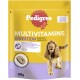 Gelbes Pedigree-Multivitamin-Paket für Hunde, mit einem glücklichen Cocker Spaniel und Text zur Unterstützung der Verdauung.
