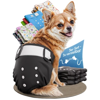 Schwarze Haustierwindeln im Dreierpack, mit verstellbaren Riemen und Druckknöpfen, mit einem Etikett, das '3x JUSTIERBAR DEUTSCHE MARKE' liest.