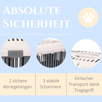 Nahaufnahmen einer Transportbox mit deutscher Überschrift 'ABSOLUTE SICHERHEIT' und Beschriftungen '2 Abriegelungen', '3 Scharniere', 'Tragegriff'.