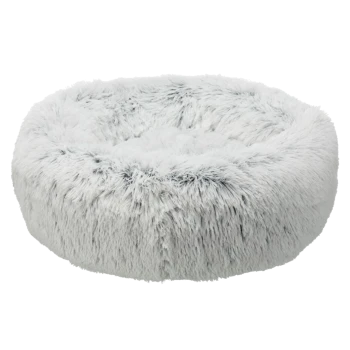 Flauschiges rundes Haustierbett in hellgrauer Farbe, mit einer weichen, plüschigen Textur, ideal für kleine Hunde oder Katzen.