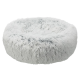 Flauschiges rundes Haustierbett in hellgrauer Farbe, mit einer weichen, plüschigen Textur, ideal für kleine Hunde oder Katzen.