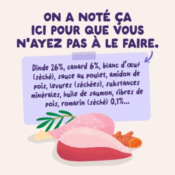 Volaille crue avec herbes et titre en français « ON A NOTÉ ÇA ICI... » et ingrédients : dinde 26 %, canard 6 %, blanc d'œuf.