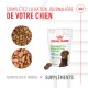Suppléments pour chiots Royal Canin dans un sachet, comprenant des friandises pour l'immunité et la digestion, avec des images de nourriture sèche et humide, et du texte en français.