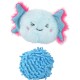 Jouet pour animal en forme de poisson bleu clair duveteux avec des nageoires roses pailletées et un sourire brodé, au-dessus d'une boule pompon texturée bleue.
