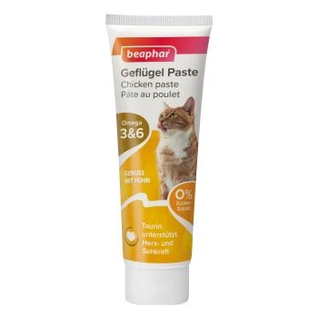 Pâte Beaphar Geflügel pour chats, présentant une image de chat, avec un texte mettant en avant les bienfaits des oméga 3 et 6, 0 % de sucre ajouté, et de la taurine.