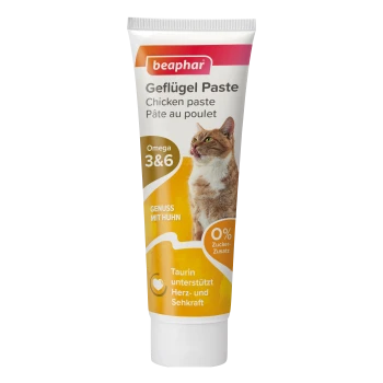 Pâte Beaphar Geflügel pour chats, présentant une image de chat, avec un texte mettant en avant les bienfaits des oméga 3 et 6, 0 % de sucre ajouté, et de la taurine.