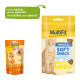 Zwei MultiFit Katzenleckerlipackungen: eine orange mit der Aufschrift "Soft Snack" und eine gelbe mit der Aufschrift "Snacks Soft Snack" mit einer Katze und "Huhn."
