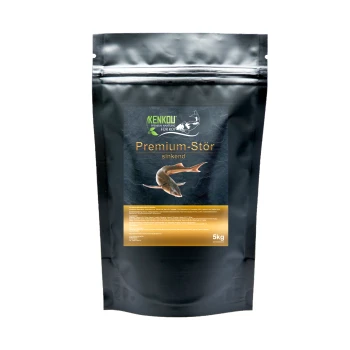 Schwarze Tüte Kenkou Premium Stör sinkendes Koi-Futter, 5kg, mit einer Fischgrafik und Nährwertinformationen auf der Vorderseite.